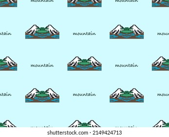 Mountain cartoon character seamless pattern on blue background. Pixel style