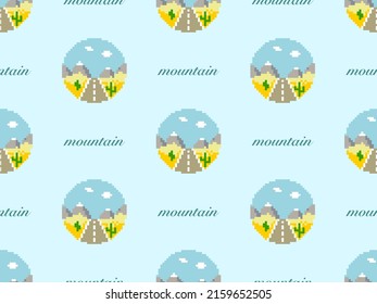 Mountain cartoon character seamless pattern on blue background. Pixel style