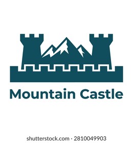Mountain castle logo with towers and peaks, symbolizing strength and grandeur in a scenic landscape setting