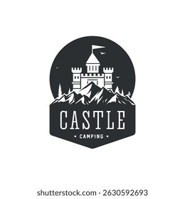 Mountain castle sign template design. Emblem, symbol or badge. Illustration in flat style.