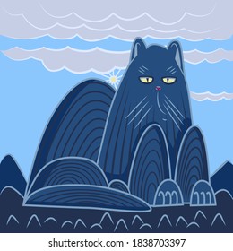 Gato de montaña con colores azules. Gato en forma de ilustración de montaña.