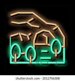 mountain cave among forest neon light sign vector. Glowing bright icon mountain cave among forest sign. transparent symbol illustration