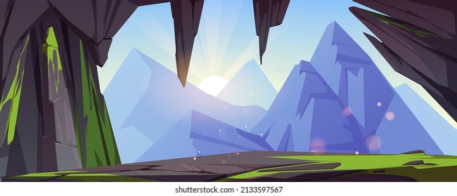 Mountain cave entrance with scenery landscape view of high rock peaks under blue sky in sunny day. Tunnel or cavern with green moss on stones, summer nature background, Cartoon vector illustration