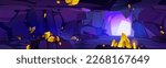 Mountain cave interior with gold deposits on ceiling, walls and floor. Vector cartoon illustration of dark underground mine with precious yellow stones. Treasure grotto background for adventure game