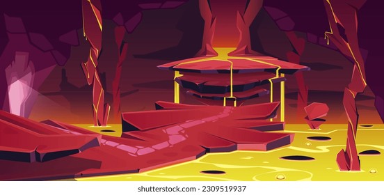 Mountain cave with magma waterfall. Underground grotto, magma lake, stone pillars-columns. Entrance to the cave, stone path. Geology, dungeon exploration, adventure. Vector cartoon illustration.