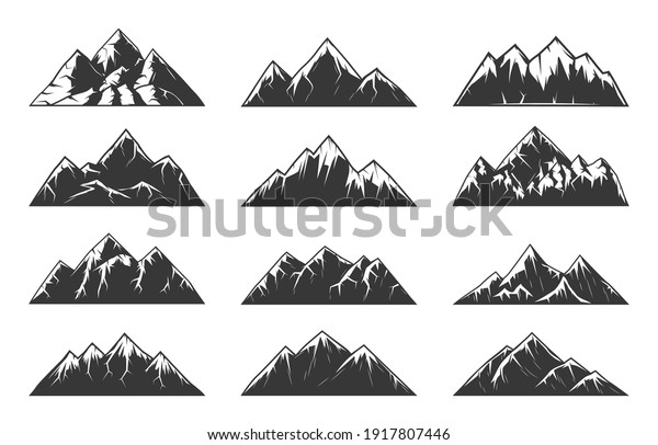 Mountain chain\
snowy peaks, rocky hills end volcanoes. High mountains with sharp\
tops, gorges and steep slopes, northern terrain nature landscape\
element engraved vector\
set