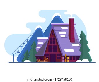 Mountain Chalet or log cabin in the wild. House in the mountains with skis and sleds.