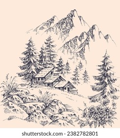 Mountain chalet, pine trees forest vector hand drawing