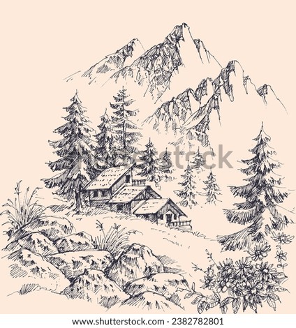 Mountain chalet, pine trees forest vector hand drawing