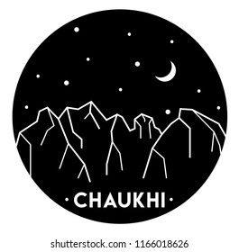 Mountain Chaukhi in Caucasus, Georgia. Vector black and white round illustration for print design of t-shirts and souvenirs. Travel and tourism. Trekking, camping, climbing. Adventure time