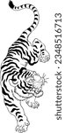 Mountain Chinese Tiger Climb Down Black and White Isolated Vector Illustration
