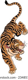 Mountain Chinese Tiger Climb Down Colored Isolated Vector Illustration