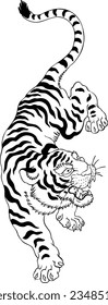 Mountain Chinese Tiger Climb Down Black and White Isolated Vector Illustration