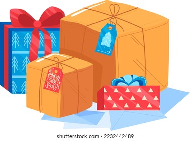 Montaña de cajas de regalo de navidad gran pila de colorida envoltura hermosa caja de regalo con abrumadora ilustración vectorial de arco aislado en blanco. Caja de regalo de Navidad. Ilustración vectorial aislada