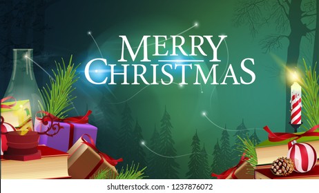 Mountain of Christmas gifts in the magical forest. Horizontal Christmas card template