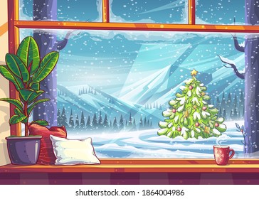 Mountain and christmas tree view through the window. For print on demand, advertisements and commercials, magazines and newspapers, book covers.