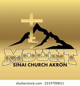 Mountain with church signature logo and dove illustration below the plus sign. Mount typography with simple hills for logo branding. black and golden gradient christian famous holy landmark