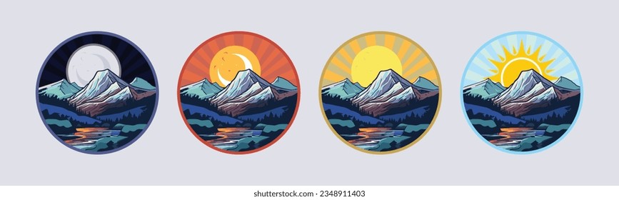 Mountain circle badge logo template. A stunning mountain landscape adorned with vibrant skies throughout various times of the day. Mountain illustration, outdoor adventure. Vector.