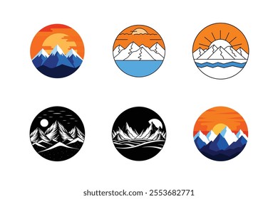 Mountain Circular Icon Set - Sunrise Silhouette Vector Illustration for Scenic, Adventure, and Nature Designs	
