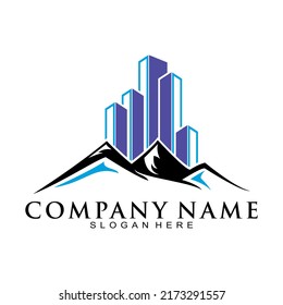 Mountain with city building vector logo