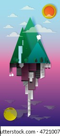 Mountain and city, Day and Night reflection paper art vectroillustration