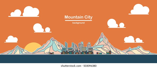 Mountain city panoramic background. Rounded lineart.