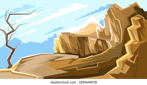 Mountain cliff and abyss. Landscape. A narrow path over the cliff. Large mountains and clouds in the distance. Flat cartoon style. Sharp stones and sheer walls.