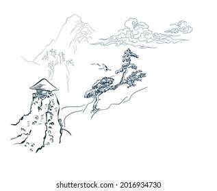 mountain cliff card nature landscape view landscape card vector sketch illustration japanese chinese oriental line