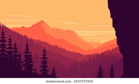 Paisaje de Naturaleza de acantilado de montaña con silueta de pinos en el bosque al atardecer
