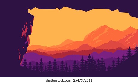 Bergklippe Naturlandschaft mit Pinien Silhouette im Wald bei Sonnenuntergang Sonnenaufgang