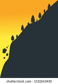 Mountain, cliff view at sunset illustration. Nature landscape silhouette flat illustration