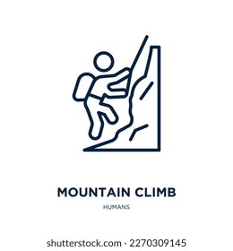 mountain climb icon from humans collection. Thin linear mountain climb, mountain, peak outline icon isolated on white background. Line vector mountain climb sign, symbol for web and mobile