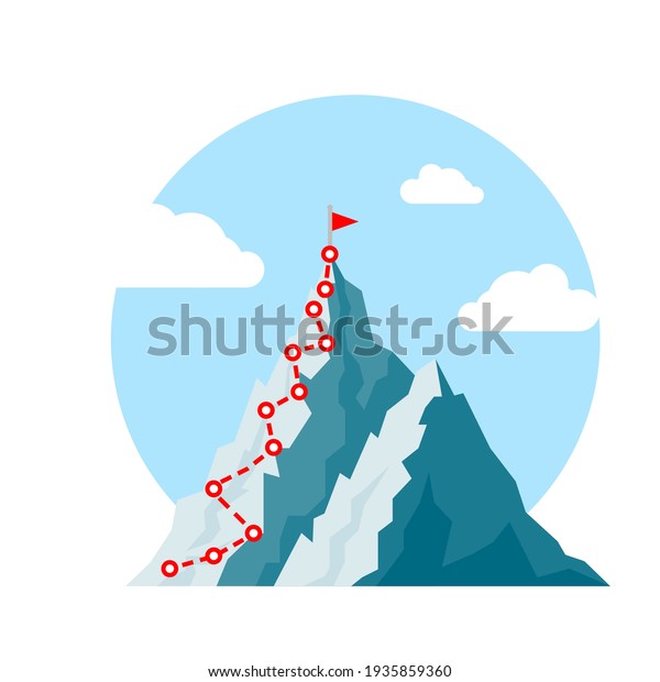 Mountain climb path challenge\
journey base infographic. Vector growth camp mountain climb way\
map