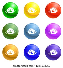 Mountain climb tent icons vector 9 color set isolated on white background for any web design 