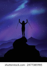 Escalada de montaña. Mujer con bastones de trekking en la cima de la roca. Luces polares