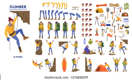 Mountain climber animation set. Active and extreme lifestyle. Travel or adventure. Outdoor activity. Equipment for mounteering. Vector illustration in cartoon style