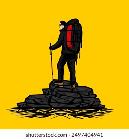 mountain climber carrying a carrier holding a tracking pole vector illustration