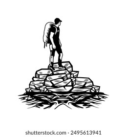 mountain climber carrying carrier looking back black and white vector line art