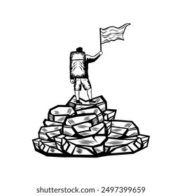 mountain climber carrying carrier raises flag at top of black and white mountain vector line art
