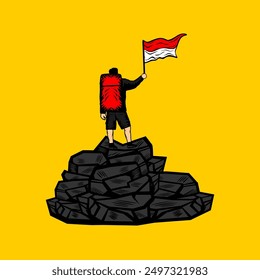 mountain climber carrying carrier rear view raising the Indonesian flag at the top of the mountain vector illustration