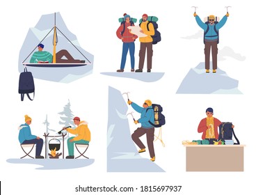 Mountain climber cartoon character set, flat vector illustration. People climbing rock wall, sitting near campfire, taking rest. Mountain climbing, extreme sport, outdoor adventure, mountaineering.