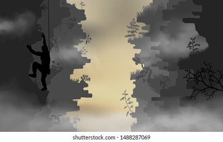 Mountain climber climbs one of the canyon's sides using rope and hands. Vector silhouette image.