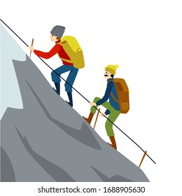 Mountain climber couple climbing high rock rope holding rope rail - flat isolated vector illustration of cartoon man and woman on cliff climb adventure.