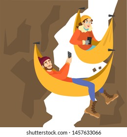 Mountain climber couple resting in the hammock. Young hiker, extreme trip. Hiker tourist on nature. Vector illustration in cartoon style