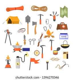 Mountain climber equipment set. Active and extreme lifestyle. Travel or adventure. Outdoor activity. Tool for mounteering. Vector illustration in cartoon style