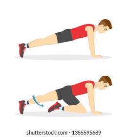 Mountain climber exercise for ABS. Workout in the gym. Fitness and healthy lifestyle. Muscle building and belly burn. Isolated vector illustration in cartoon style