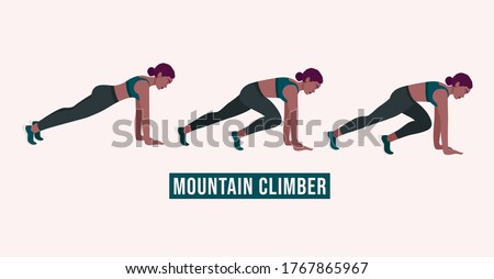 MOUNTAIN CLIMBER exercise, Woman workout fitness, aerobic and exercises. Vector Illustration.