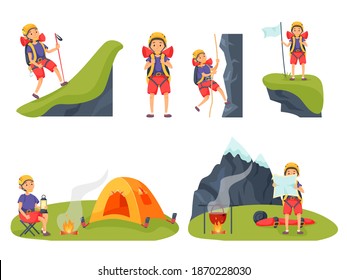 Mountain climber hiking, resting, walking and trekking set. Summer hiker backpacker tourist travelling, observing nature and achieving mount peak vector illustration isolated on white background