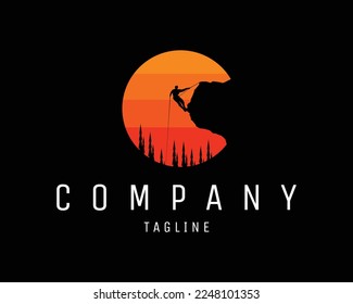 mountain climber logo with silhouette rope. terolasi view of the evening sky. best for badge, emblem, icon, design sticker, t-shirt, concept. vector illustration available in eps 10.