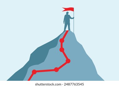 Mountain Climber on Top with a Flag. Success in sports and business concept vector